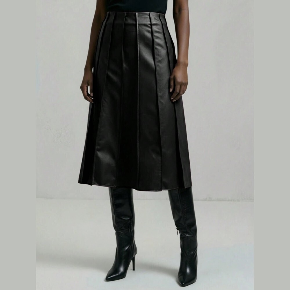 Black Faux Leather Pleated Midi Skirt